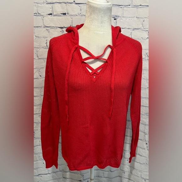 Michael Stars Open Knit Hooded Cotton/silk Blend Sweater Size Medium - Picture 3 of 9